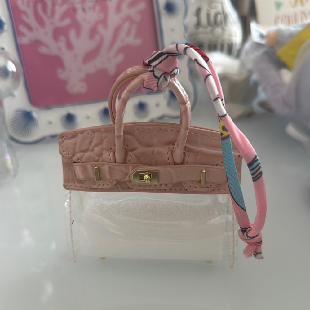 Mini bag charm Pink and Clear Mini Handbag with Scarf Accent